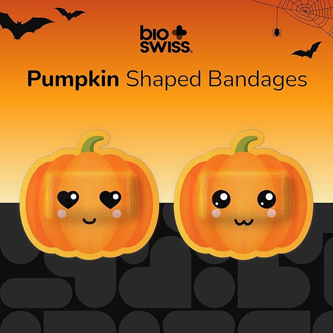 BioSwiss Bandages, Halloween Pumpkin Shaped Self Adhesive Bandage, Latex Free Sterile Wound Care, Fun First Aid Kit Supplies for Kids, 50 Count