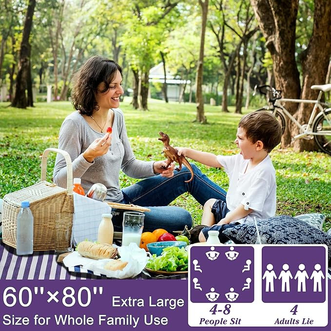 60”x 80” Picnic Blanket Waterproof and Foldable Beach Blanket, 5-Layer Outdoor Mat with Carry Strap for 6 to 8 Adults, for Camping, Park, Beach, Grass, Indoors…