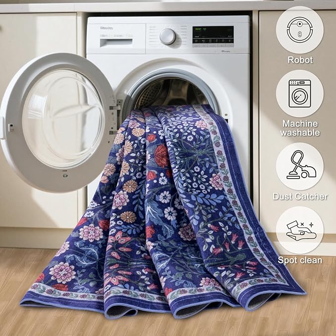 6x9 Area Rugs for Living Room: Floral Washable Rug Vintage Large Soft Boho Non-Slip Carpet Indoor Floor Stain Resistant Thin Carpets for Bedroom Dining Room Farmhouse Nursery Hallway Home Office Blue