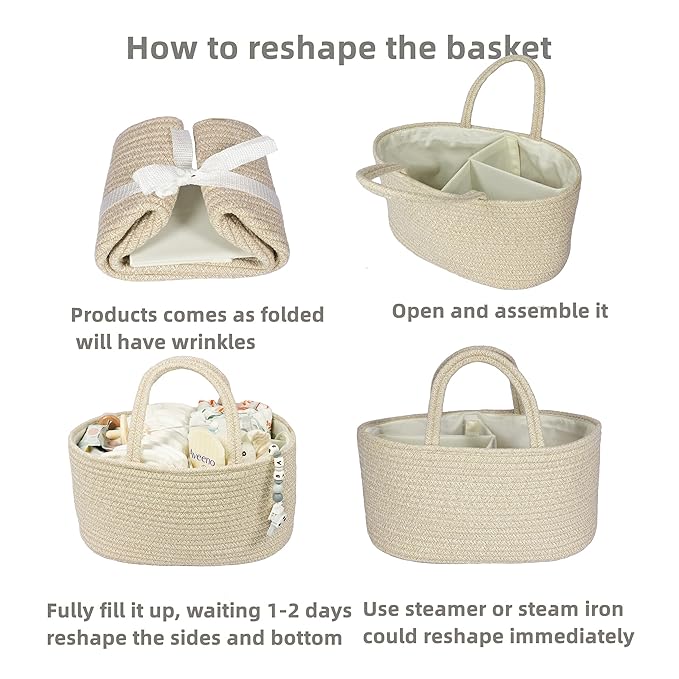 Baby Diaper Caddy Organizer for Girl Boy Cotton Rope Nursery Storage Bin Basket Portable Holder Tote Bag for Changing Table Car Travel Baby Shower Gifts Newborn Registry Must Have Items oatmeal