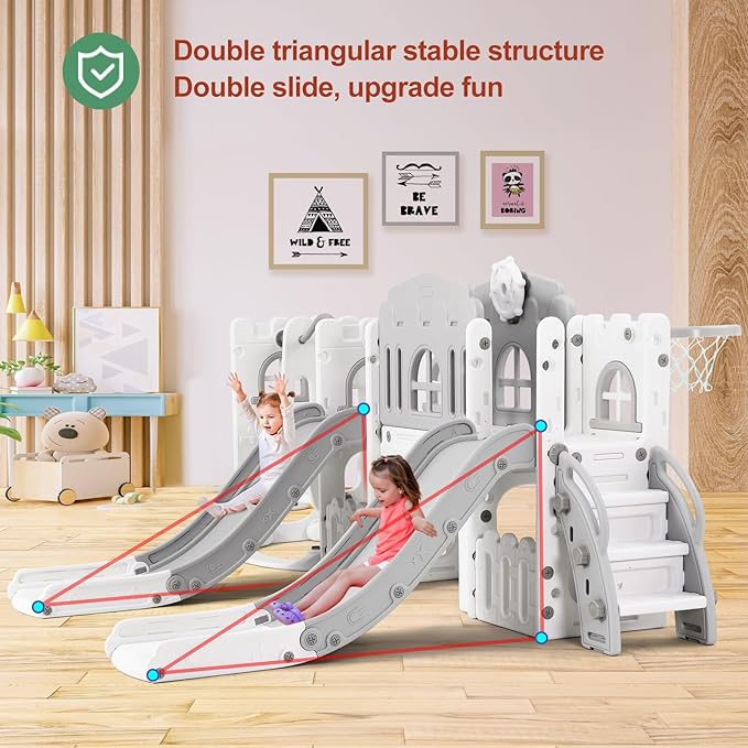 JOYLDIAS 10 in 1 Toddler Slide, Double Kid Climber Slide Playset w/Swing, Basketball Hoop, Telescope, Tunnel, Storage Space and Non-Slip Steps, Indoor Outdoor Backyard Playground Toy for Toddlers