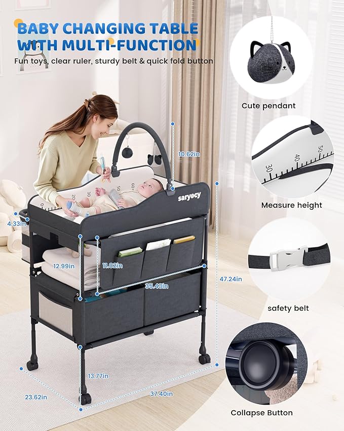 Baby Changing Table with Storage, Versatile Folding Changing Table, Baby Changing Station, Removable Wheels, 4 Adjustable Height, Waterproof, Mobile Nursery for Infant and Newborn