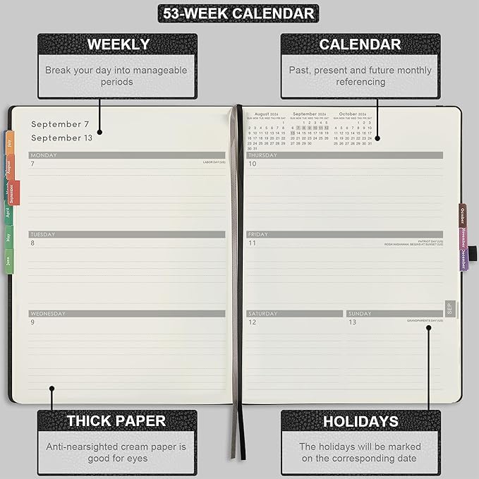2026 Planner - JAN 2026 - DEC 2026, Planner Weekly and Monthly, Calendar Planner, 8.5" x 11", Leather Cover Planner with Thick Paper, Back Pocket with Notes Pages, Black
