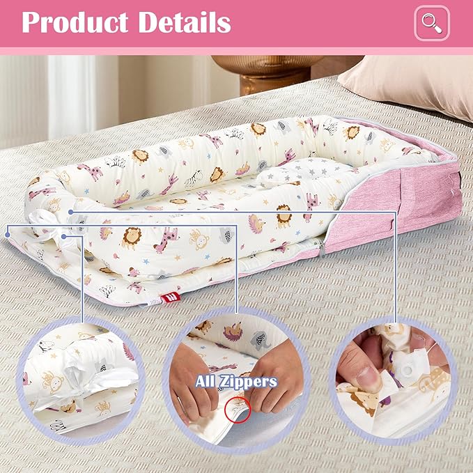 Baby Lounger for Tummy Time Portable,Baby Play mat with Strap,Newborn Lounger Inner Zipper for Boys Girls 0-24 Months,Animal World Pink