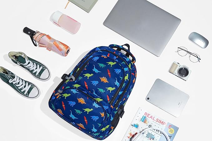 BLUEFAIRY Kids Backpack for Boys Elementary Primary Middle School Bags Back to School Bookbags Gifts Large Compartment with Tablet Sleeve Mochilas para niños 17" Dinosaur Navy Blue