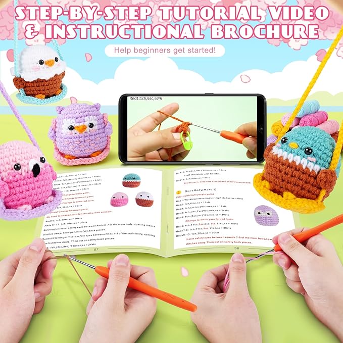 Crochet Kit for Beginners -4 PCS Bird Crochet Kits with Step-by-Step Video Tutorials, Beginner Crochet Kit for Adults and Kids, Crochet Birds On The Swings(Mallard Bald Eagle Flamingo Owl)