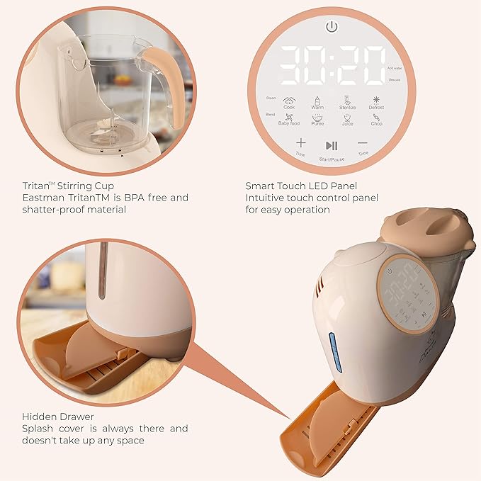 Baby Food Maker Chopper Grinder - Mills and Steamer 8 in 1 Processor for Toddlers - Steam, Blend, Chop, Disinfect, Clean, 20 Oz Tritan Stirring Cup, Touch Control Panel, Auto Shut-Off, 110V Only