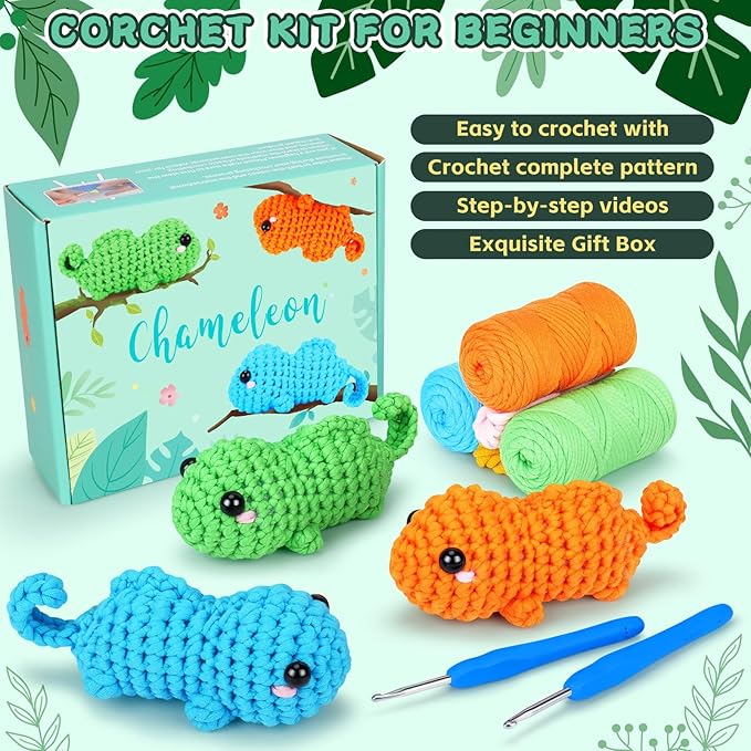 Crochet Kit for Beginners - 3 PCS Baby Chameleon Crochet Kits with Step-by-Step Video Tutorials, Beginner Crochet Kit for Adults Kids, Chameleon Crocheting Set (Orange&Blue&Green)