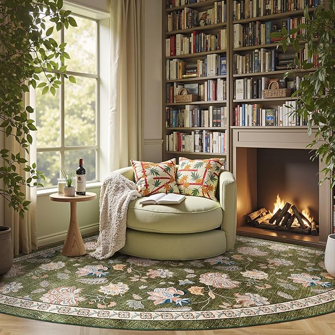 jinchan Floral Corner Rug for Living Room Washable Bedroom Rug Vintage Romance Design Non Slip Quarter Circle Lightweight Low-Pile Throw Carpet for Reading Nook Playroom,7ft Radius, Green