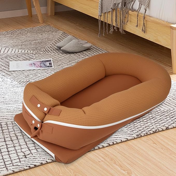 Baby Lounger, Deluxe Infant Lounger, Baby Nest Cover for Baby, Breathable Cotton, Adjustable Baby Floor Seat for Tummy Time, Newborn Essentials for Baby 0-12 Months (Brown)