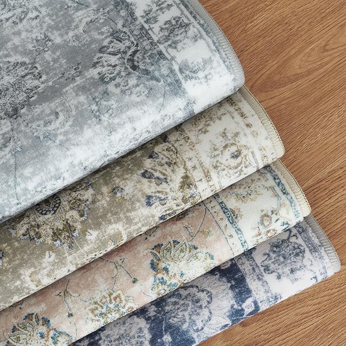 jinchan Washable Area Rug 8x10 for Living Room Soft Faux Wool Ultra-Thin Stain Resistant Non-Slip Distressed Vintage Floral Large Carpet for Bedroom,Dining Room,Home Office,Nursery(Dark Blue, 8'x10')