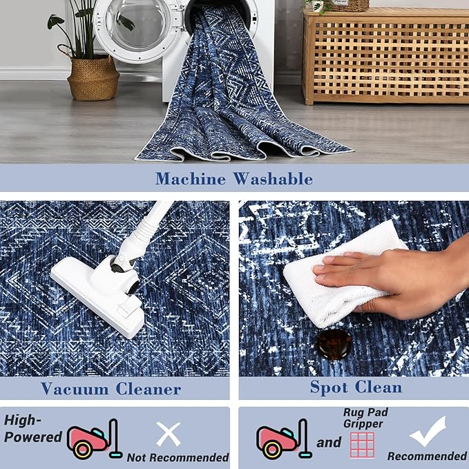 COZYLOOM Washable Runner Rug 2x8 Vintage Non Slip Low Pile Rug Soft Throw Floor Cover Geometric Tribal Foldable Indoor Carpet for Living Room Bedroom Hallway, Blue