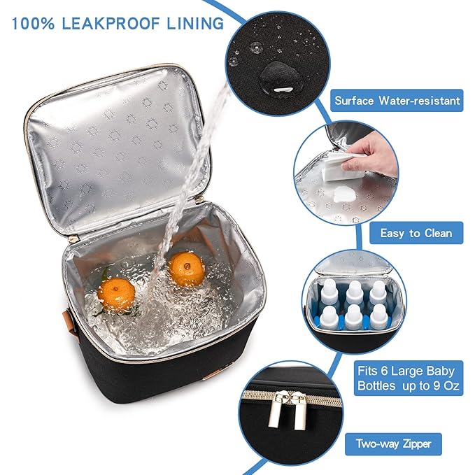 Breastmilk Cooler Bag with Ice Pack Fits 6 Baby Bottles Up to 9 Ounce, Baby Bottle Bag with Shoulder Strap for Nursing Mom Daycare, Black