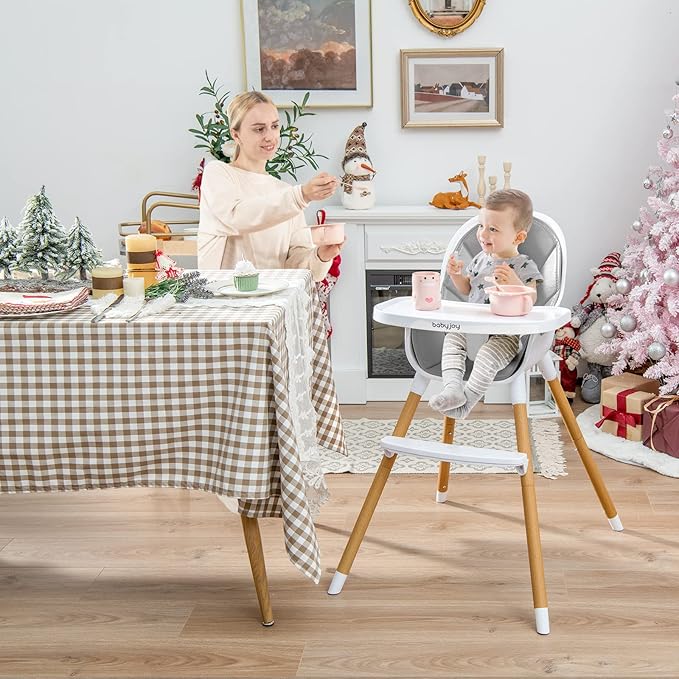 BABY JOY Convertible Baby High Chair, 3 in 1 Highchair w/Adjustable Legs, Dishwasher Safe Tray, Detachable PU Cushion, Footrest, 5-Point Harness for Babies Infants Toddlers (Gray)