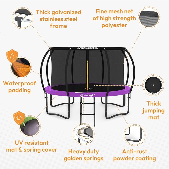 JUMPZYLLA Trampoline Outdoor 8FT 10FT 12FT 14FT 15FT 16FT with Enclosure and Ladder, ASTM Approved Recreational Trampoline for Kids and Adults, Anti-Rust Coated Frame