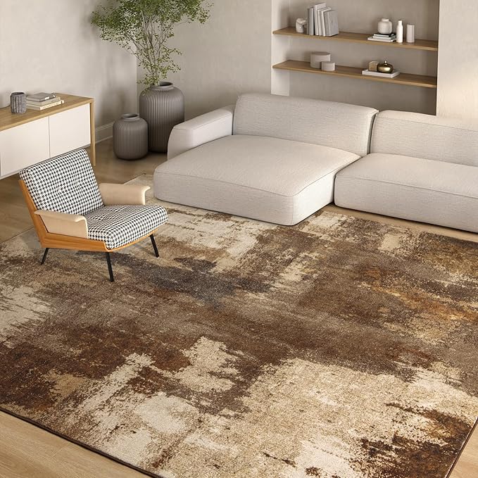 Kelarea Living Room Rug, 6x9 Rug Modern Abstract Washable Rugs Brown Faux Wool Vintage Carpets, Non Slip Rug for Bedroom, Dining Room, College Dorm, Kids Playroom, Home Office