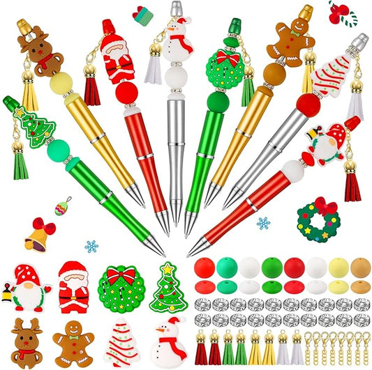 CZWZ 8 Pcs Christmas Beadable Pens, Plastic Beadable Pens with Multicolor Silicone Beads, Christmas Snowman Pine Tree Floral Hoop Deer Pens for Christmas Gifts Office School Supplies