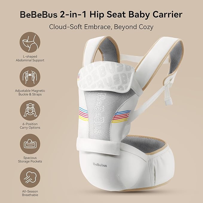 Baby Carrier with Hip Seat, BeBeBus 2-in-1 Ergonomic Newborn to Toddler Carrier up to 44 lbs, Detachable Hands-Free for Infant, All Season Forward-Facing Carry, Fits Waist Sizes up to 38 inch (White)
