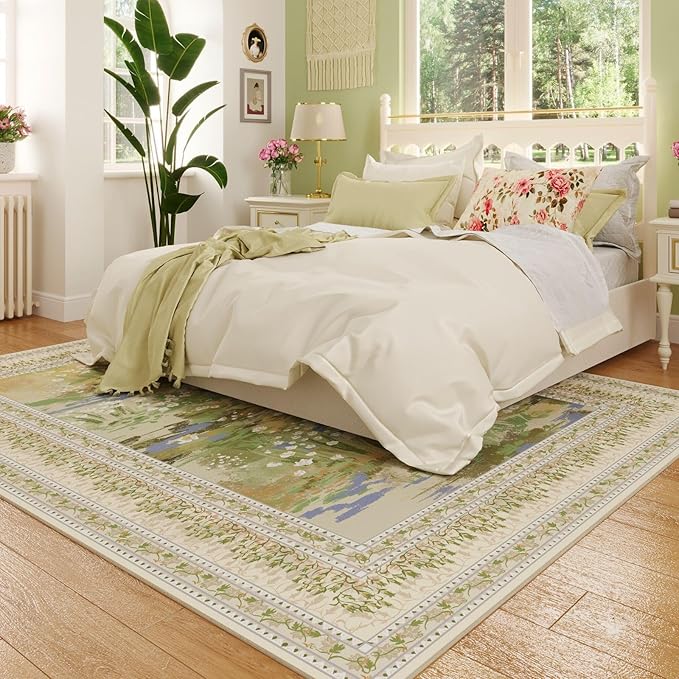 Area Rugs 8x10 Clearance Impressionist-Style Vintage Washable Area Rug Non Slip Low Pile Large Rug for Bedroom Farmhouse Dining Room Kids Playroom, Beige