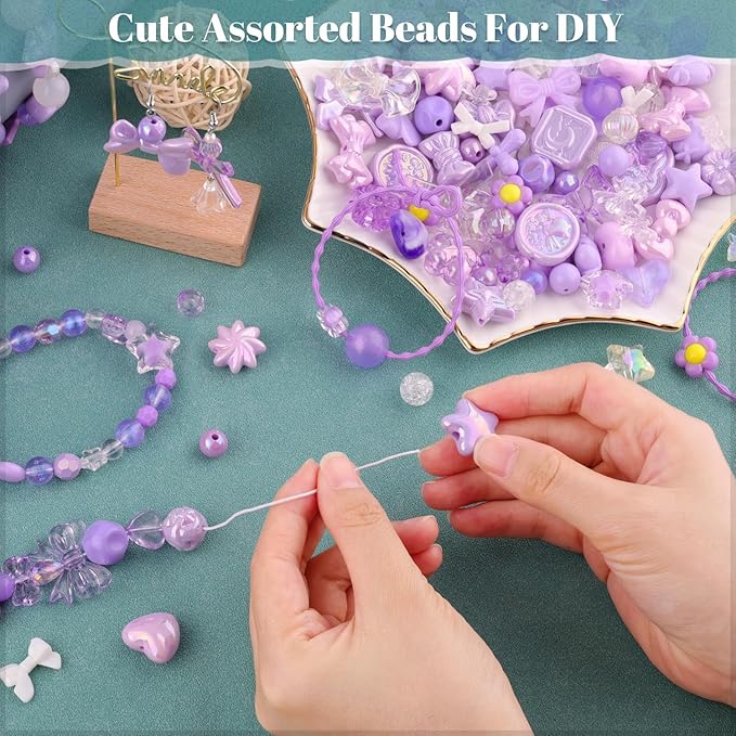 Assorted 170-230PCS Purple Acrylic Beads for Bracelet Making, Flower Bow Butterfly Candy GummyBear Aesthetic Bracelet Charms,Cute Beads for Jewelry Making DIY Necklace Keychain Phone Charm