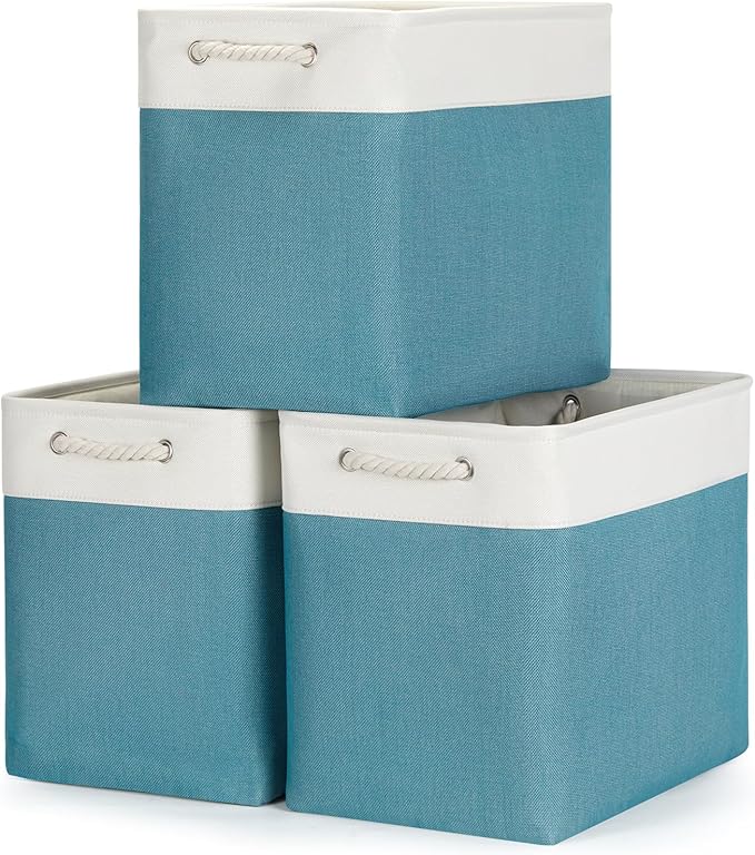 Bidtakay Extra Large Storage Baskets for Shelves 3 Pack Fabric Storage Bins for Organizing Linen Collapsible Organizer for Closet-White&Teal