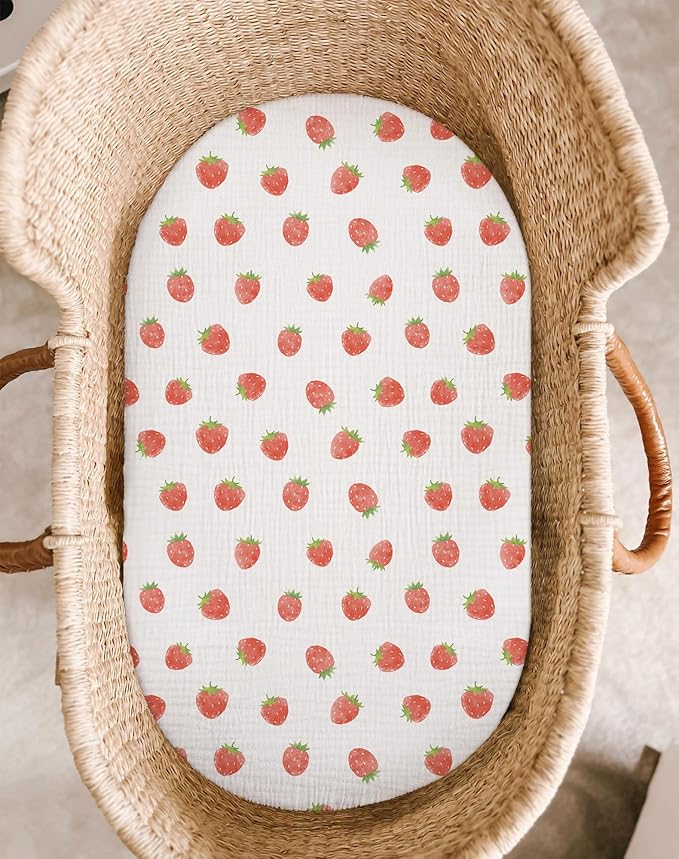 Bassinet Sheet for Baby Boy Girl 2 Pack, Fitted Sheets for Rectangle, Oval, Hourglass Bassinet Mattress, Muslin Moses Basket Sheets (Strawberry & Pale Pink, Bassinet Sheet)
