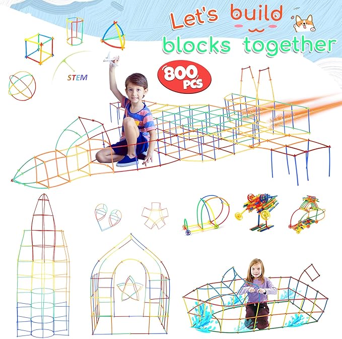 Ggiibro Straw Constructor Toys STEM Building Toys 800Pcs Toys for 3+ Year Interlocking Plastic Toys Engineering Toys Thin Tube Blocks Toy Educational Toy Kit for Indoor Kids Toys with a Storage Box