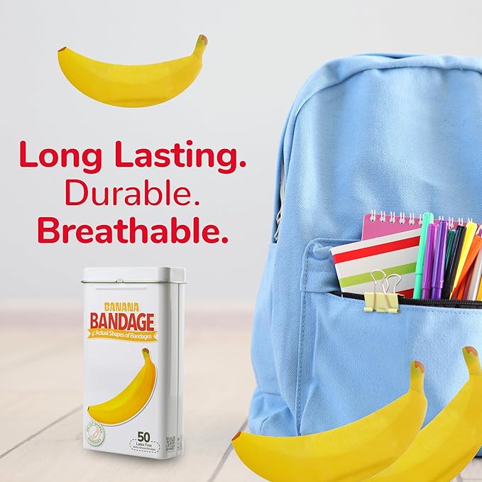 BioSwiss Bandages, Banana Shaped Self Adhesive Bandage, Latex Free Sterile Wound Care, Fun First Aid Kit Supplies for Kids, 50 Count