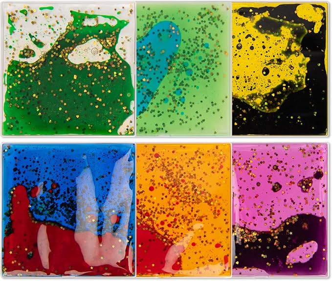 Art3d 6”x6” Square Sensory Fidget Liquid Motion Tiles for Kids, Toddler, Teens - Interactive Soft Gel Liquid Play Mats for Home, Schools, Playrooms, Multi-Pack of 6 Tiles