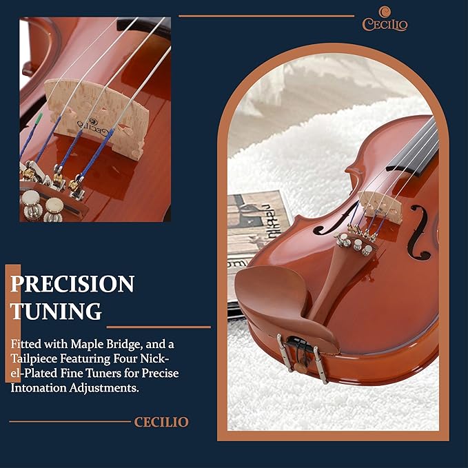 Cecilio 1/4 Size Natural Varnish Violin for Beginners, Hand-Carved Solid Spruce Top, Maple Back & Sides, Full Fiddle Kit with Hard Case, Bows, Rosin, Shoulder Rest, Lesson Book