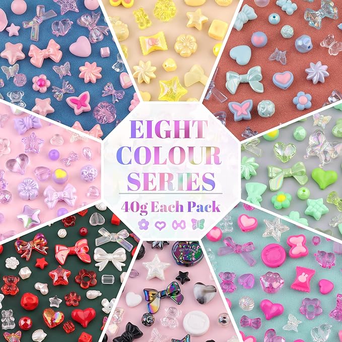 Assorted 400PCS 8 Colors Mixed Acrylic Beads for Bracelet Making, Flower Bow Butterfly GummyBear Aesthetic Bracelet Charms,Cute Beads for Jewelry Making DIY Necklace Keychain Phone Charm