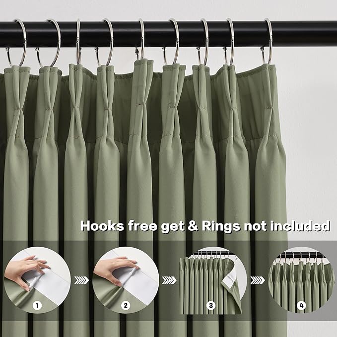 Blackout Curtains 92 Inches Long 2 Panels Set, Pinch Pleated with Hooks Track System Darkening Custom Cabin Accordion Style Window Drapes for Living Room(2 Pieces,40 x 92 Inch, Sage Green)