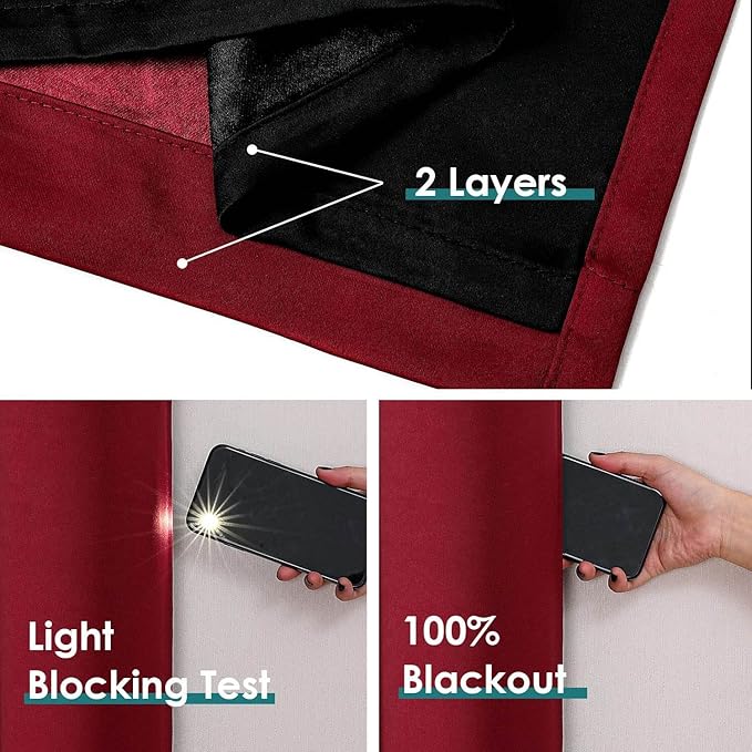 ChrisDowa 100% Blackout Curtains for Bedroom with Black Liner, 2 Thick Layers Total Blackout Thermal Insulated Grommet Small Window Curtains 2 Panels Set (Burgundy, 42 x 54 Inch)