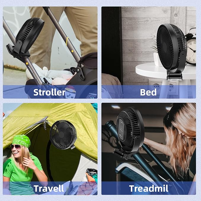ATEngeus USB Desk Fan, Rechargeable Portable Fan, 8-Inch Clip on Fan, 10000mAh Stroller Fan, 4 Speeds Strong Airflow, 720° Rotation, with Sturdy Clamp, Suitable for home, office and stroller