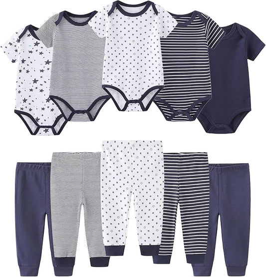 Baby Bodysuit and Pant Set 10-pcs Cotton Soft Newborn Boy Girl Clothes Outfits
