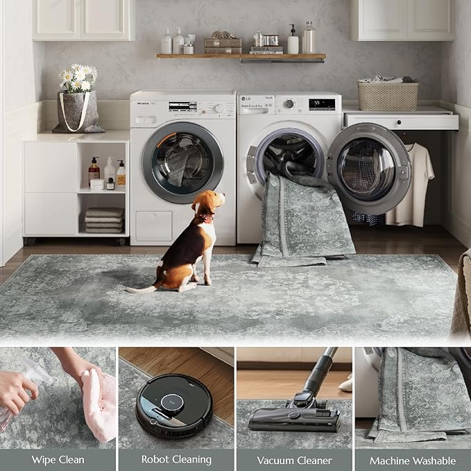 jinchan Washable Area Rug 8x10 for Living Room - Soft Faux Wool Ultra-Thin Stain Resistant Non-Slip Distressed Vintage Floral Large Carpet for Bedroom,Dining Room,Home Office,Nursery(Grey, 8'x10')