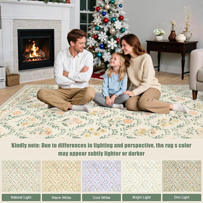 Area Rugs 9x12 Living Room: Floral Washable Rug Vintage Large Soft Boho Non-Slip Carpet Indoor Floor Stain Resistant Low Pile Carpets for Bedroom Dining Room Farmhouse Nursery Home Office Beige/Multi