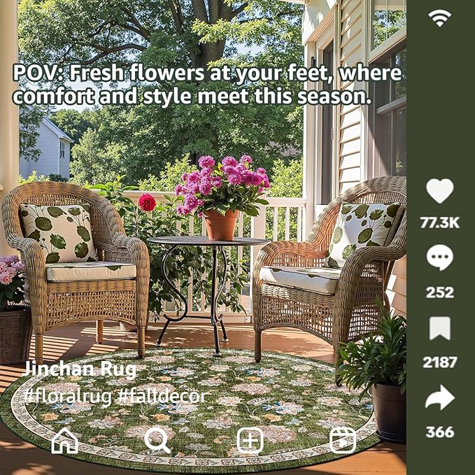 jinchan 8ft Floral Round Rug for Dining Room Washable Living Room Rug Vintage Romance Design Non Slip Indoor Floor Cover Lightweight Low-Profile Throw Carpet for Bedroom Porch Patio, Green