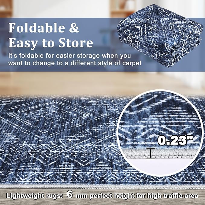 COZYLOOM Washable Runner Rug 2x8 Vintage Non Slip Low Pile Rug Soft Throw Floor Cover Geometric Tribal Foldable Indoor Carpet for Living Room Bedroom Hallway, Blue