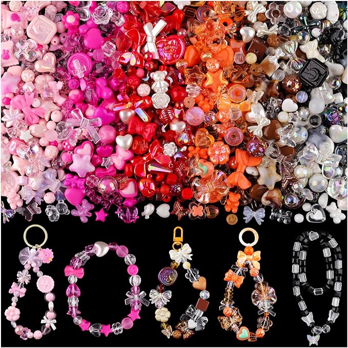 Assorted 260-320PCS Acrylic Beads for Bracelet Making, Flower Bow Butterfly Candy GummyBear Kawaii Aesthetic Beads,Cute Bead for Jewelry Making DIY Necklace Keychain Phone Charms(6 Colors)