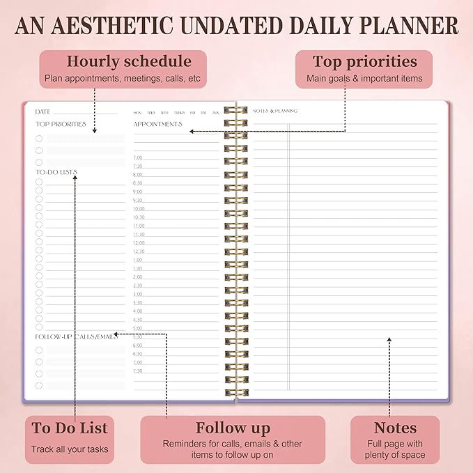 Cute Daily Planner Undated & To Do List Notebook for Work: With Hourly Schedule, 80 days Day on a Page Planner for Life Tasks - Day & Hour Agenda, Organizer Journal For Women or Men