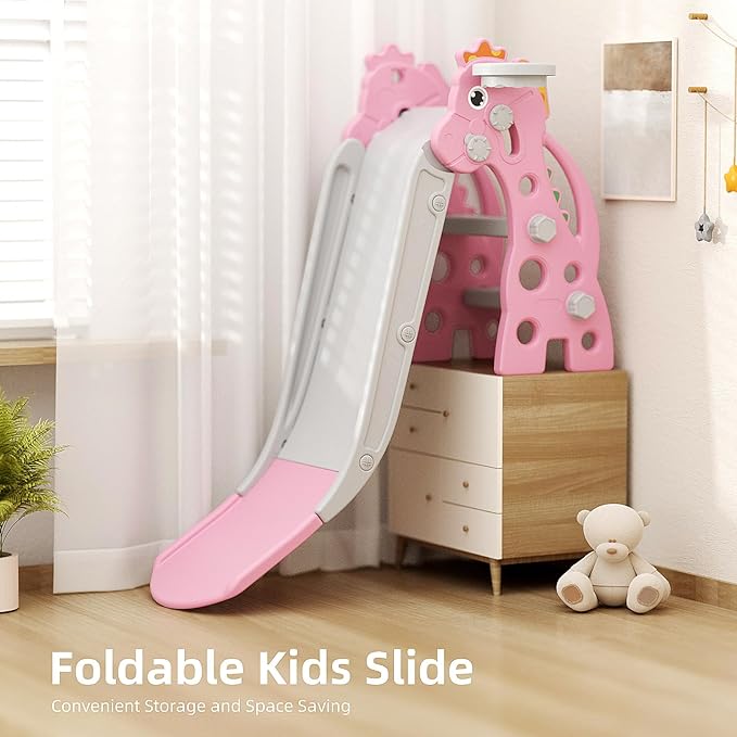 67i Toddler Slide for Indoor & Outdoor Play with Basketball Hoop, Anti-Slip Steps, 46.8in Baby Climber (Pink)