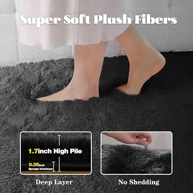 8x10 Area Rug for Living Room: Fluffy Shag Soft Washable Rugs Large Fuzzy Plush Indoor Carpet for Bedroom Nursery Playroom Kids Girls Boys Room (Black, 8'x10')