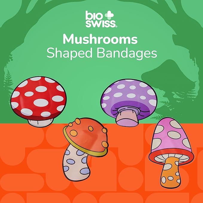 BioSwiss Bandages, Mushroom Shaped Self Adhesive Bandage, Latex Free Sterile Wound Care, Fun First Aid Kit Supplies for Kids and Adults, 50 Count