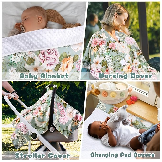 Car Seat Cover Baby, Flroal Infant Car Seat Canopy Covers for Newborn Girls Boys, Soft Breathable Minky Carseat Covers Stretchy Multi-Use Nursing Cover for Stroller Baby Car Seat, Green Leaf