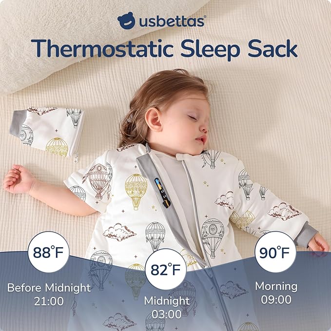 Baby Sleep Sack 18-24 Months, Cotton Detachable Long Sleeve Sleep Sack, 2.5 Tog Toddler Sleeping Sack with Temperature Strips, 2-Way Zipper Wearable Blankets for Newborns, Hot Air Balloon