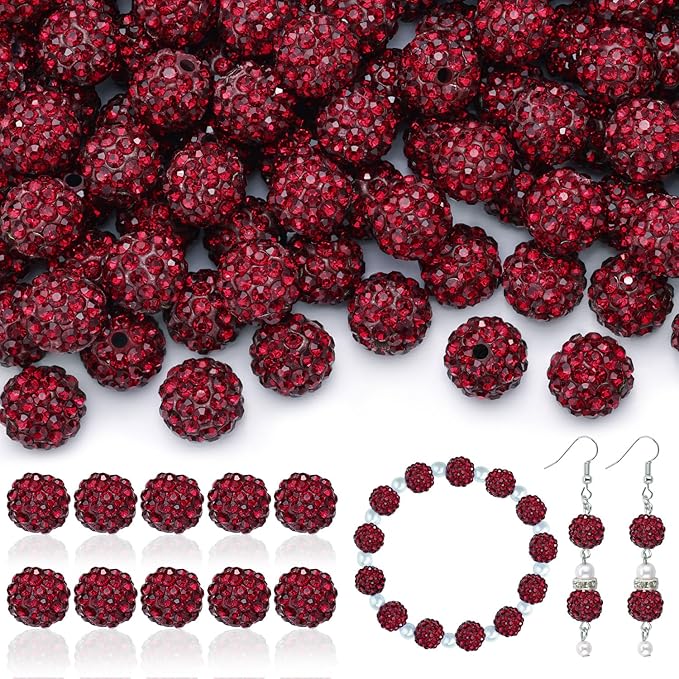 160pcs 10mm Rhinestone Beads for Jewelry Making, Dark Red Shiny Round Disco Ball Beads Bulk, Sparkle Crystal Clay Christmas for Bracelet Baseball Necklace Earring Crafting and DIY