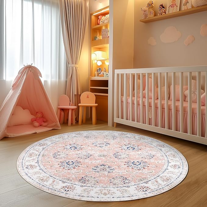 jinchan Round Rug 4ft Area Rugs Vintage Floral Distressed Design - Machine Washable Non-Slip Low-Pile Ultra-Thin Circle Rug for Entryway Bedside Living Room Dining Room Bedroom (4' Round,Pink)
