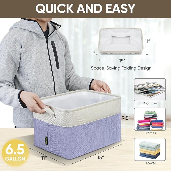 BALEINE 1 Pack Fabric Storage Bins for Shelves, Linen Storage Baskets for Organizing, Decorative Closet Bins for Clothes, Home (Lavender, 15''x11''x9.5'')