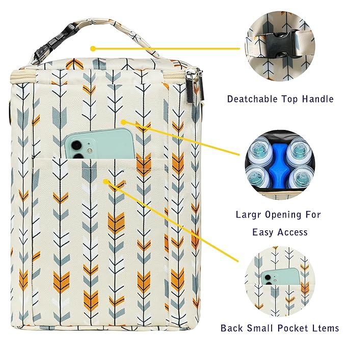 Breastmilk Cooler Bag with Ice Pack Fits 4 Baby Bottles Up to 9 Ounce Insulated Baby Bottle Bag Breast Milk Cooler on The Go with Strap Baby Bottle Cooler Bag for Nursing Mom Daycare or Travel